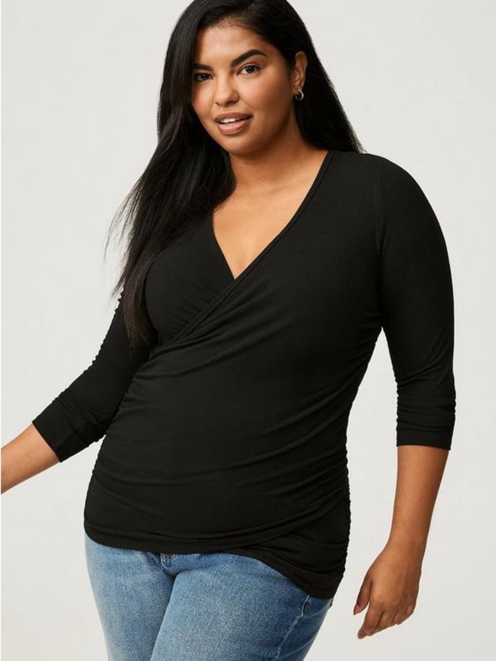 torrid Black Ribbed Surplice Long Sleeve Top NWT